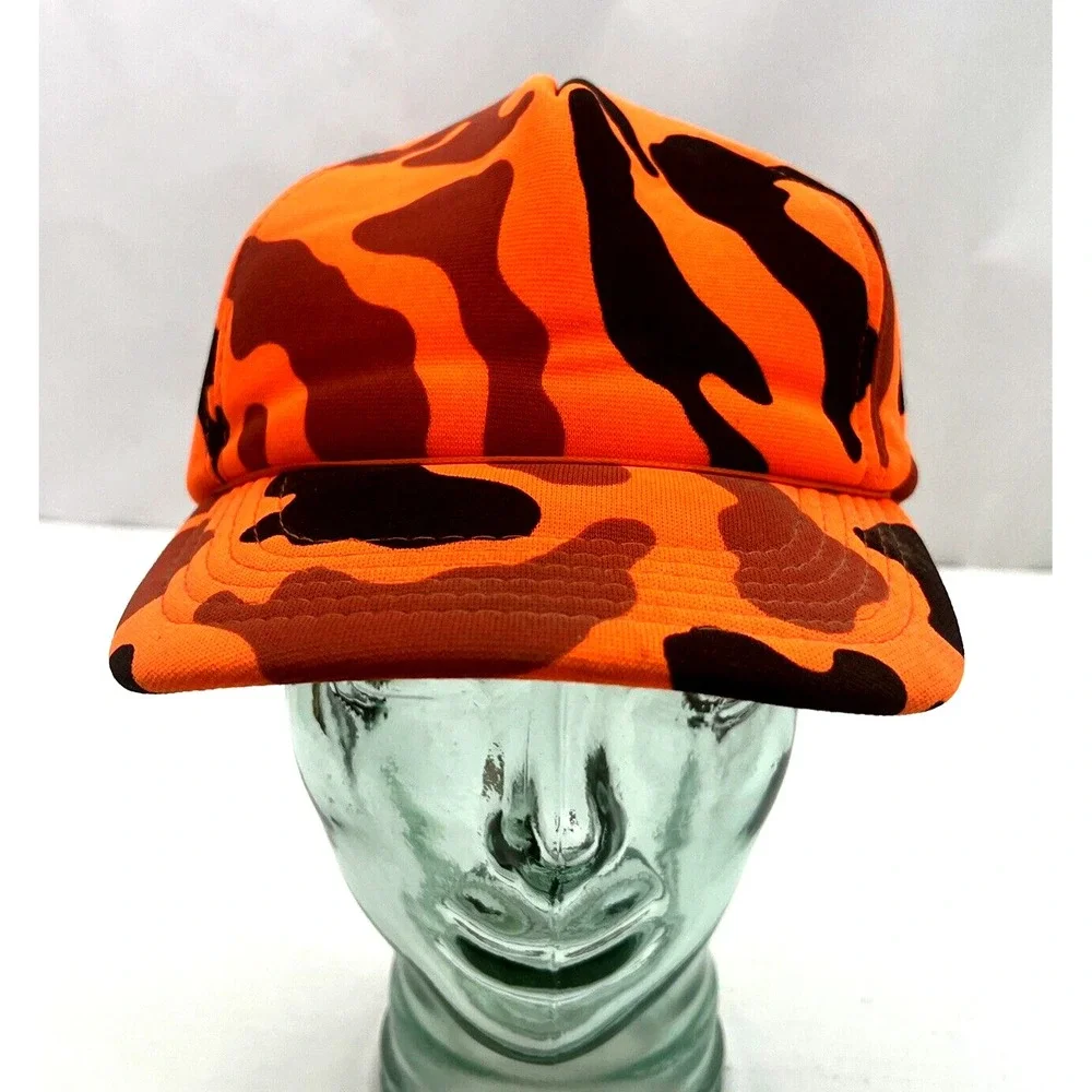 Vtg YA Hunting Safety Orange‎ Camo Hat Cap SnapBack Korea Made OSFA Camouflage